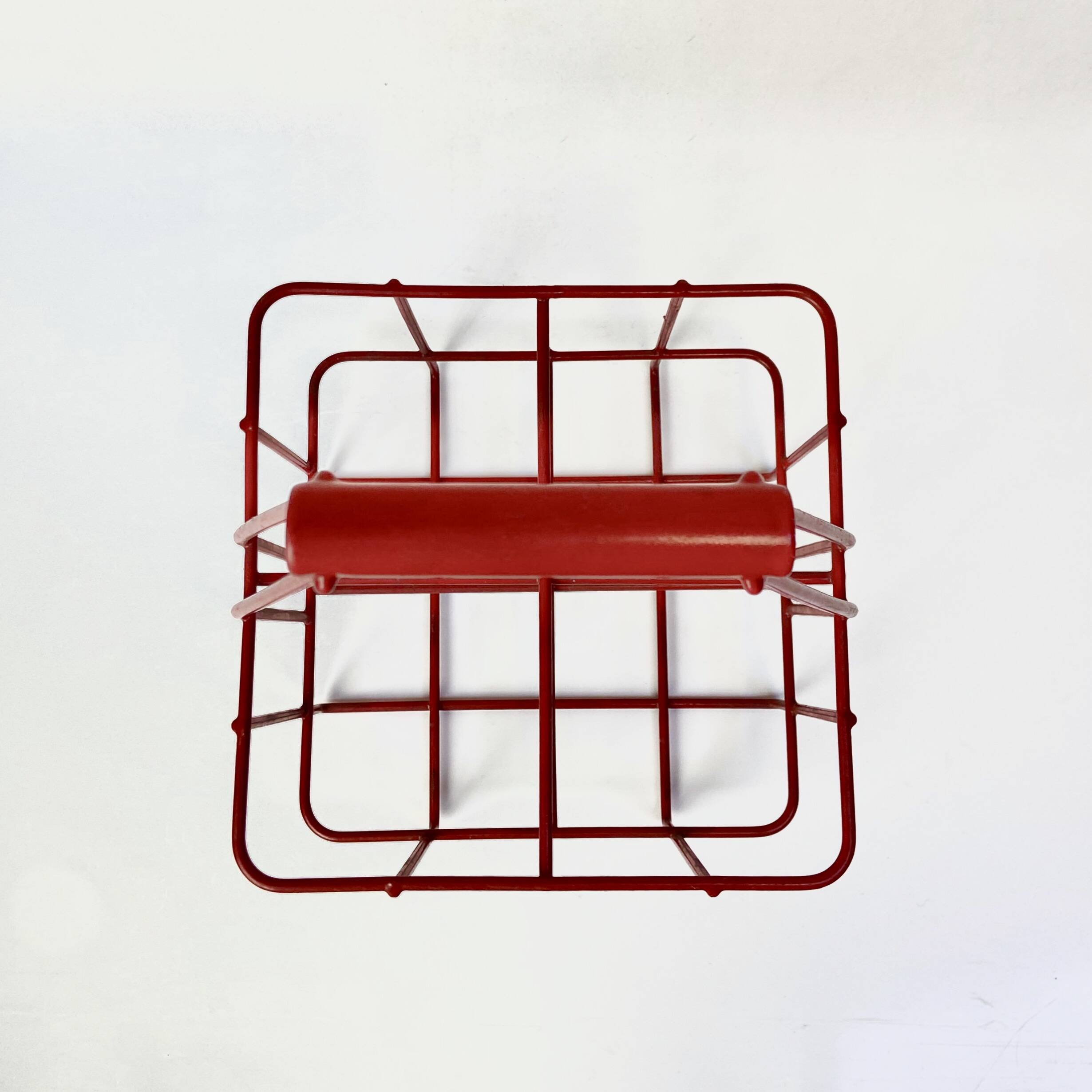 Metal bottle holder basket covered in bright red - caddy for 4 bottles