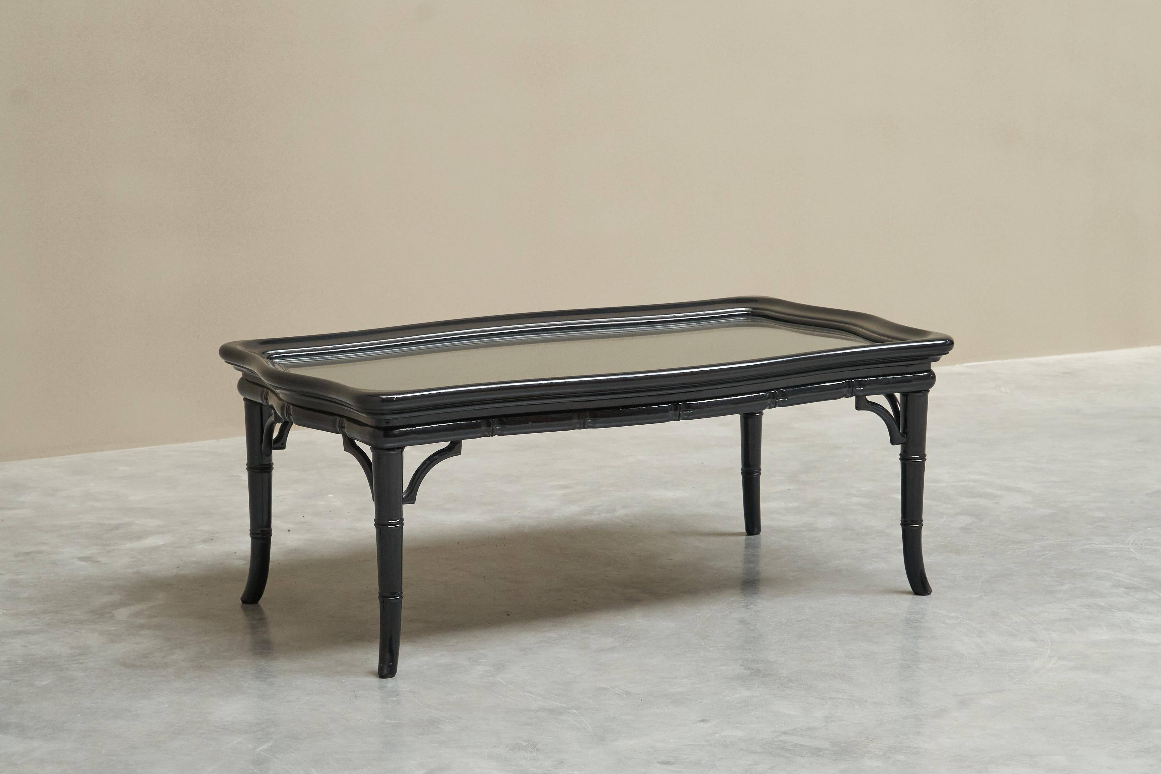 Coffee table in artificial bamboo, black lacquered wood and glass, 1960s.