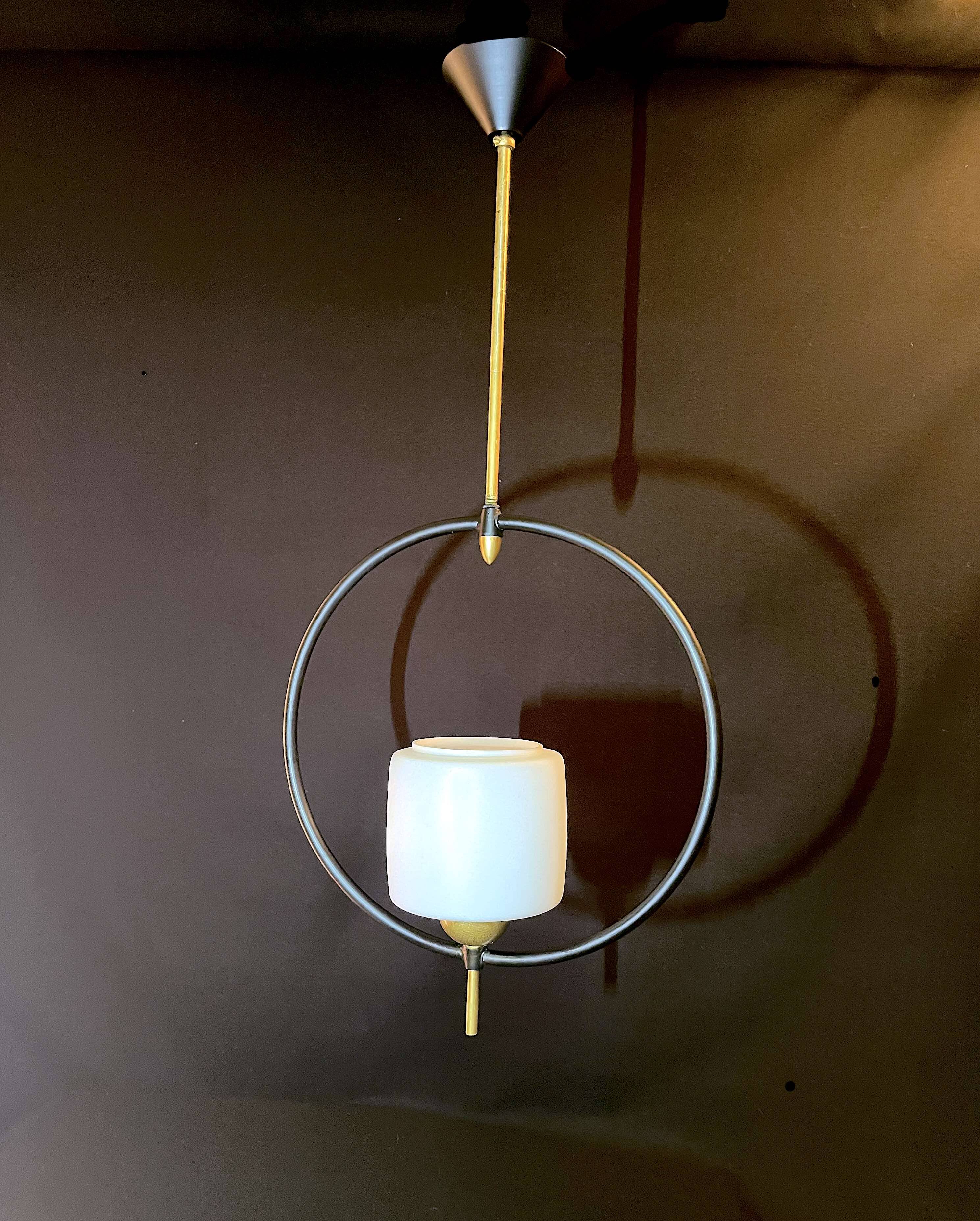 Maison Lunel, Mid-Century Black and Brass Circular Pendant Lamp, France