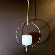 Maison Lunel, Mid-Century Black and Brass Circular Pendant Lamp, France