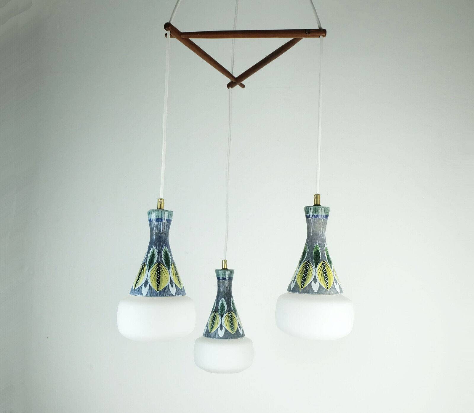 exceptionally beautiful danish modern PENDANT LIGHT teak opaline glass ceramic 3-light hanging lamp