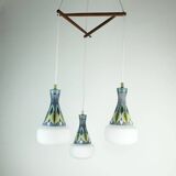exceptionally beautiful danish modern PENDANT LIGHT teak opaline glass ceramic 3-light hanging lamp