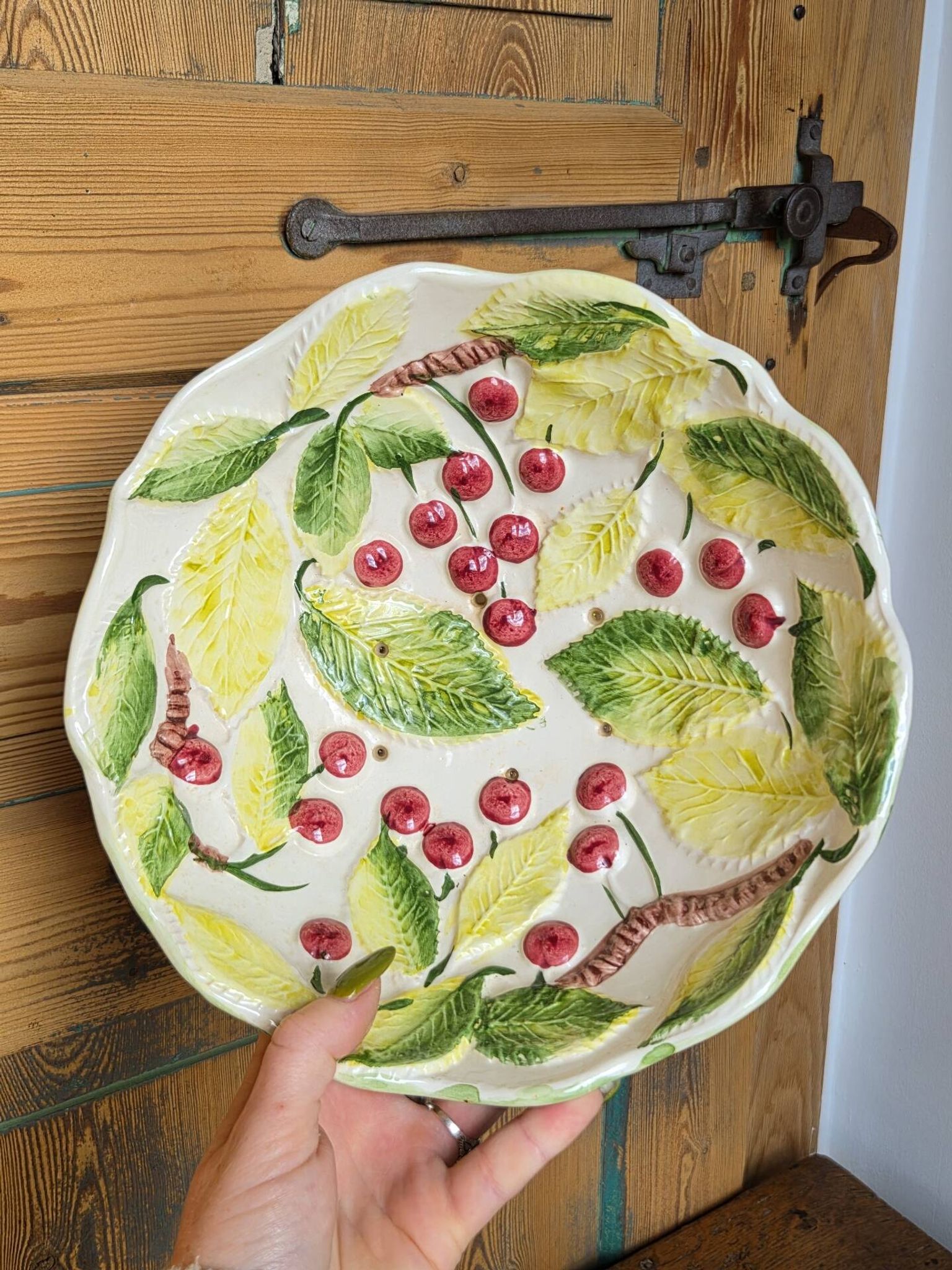 Vintage fruit colander bowl in barbotine signed GV