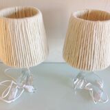 Pair of twisted glass foot bedside lamps and wool/vintage 60s and 70s lampshades