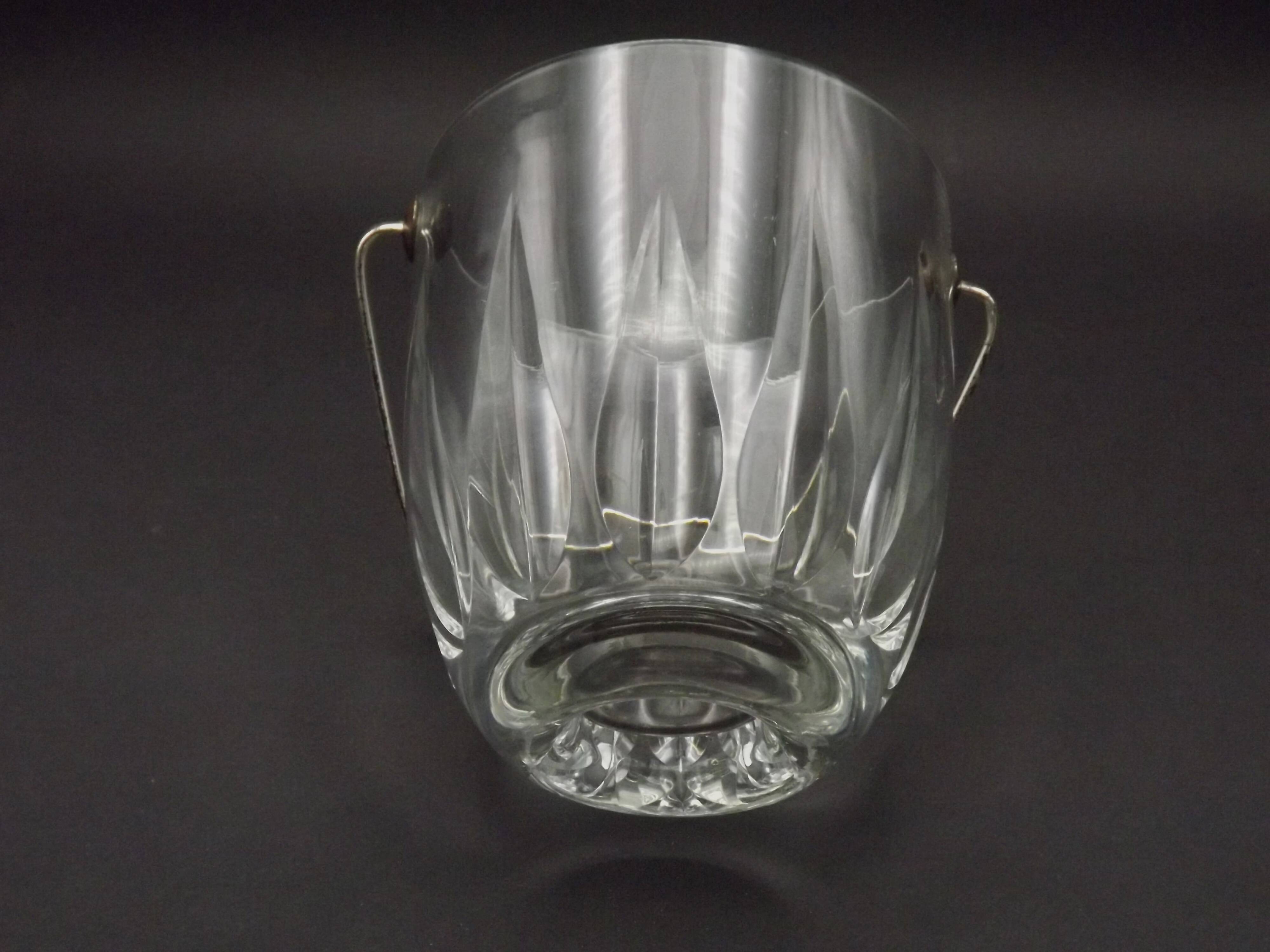 Vintage French heavy cut glass ice bucket with silver metal carry handle 4504.