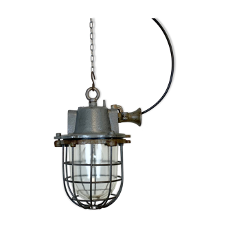 Grey industrial cast iron cage pendant light, 1960s