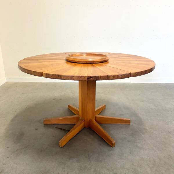 Unique round solid pine dining table, 1970s