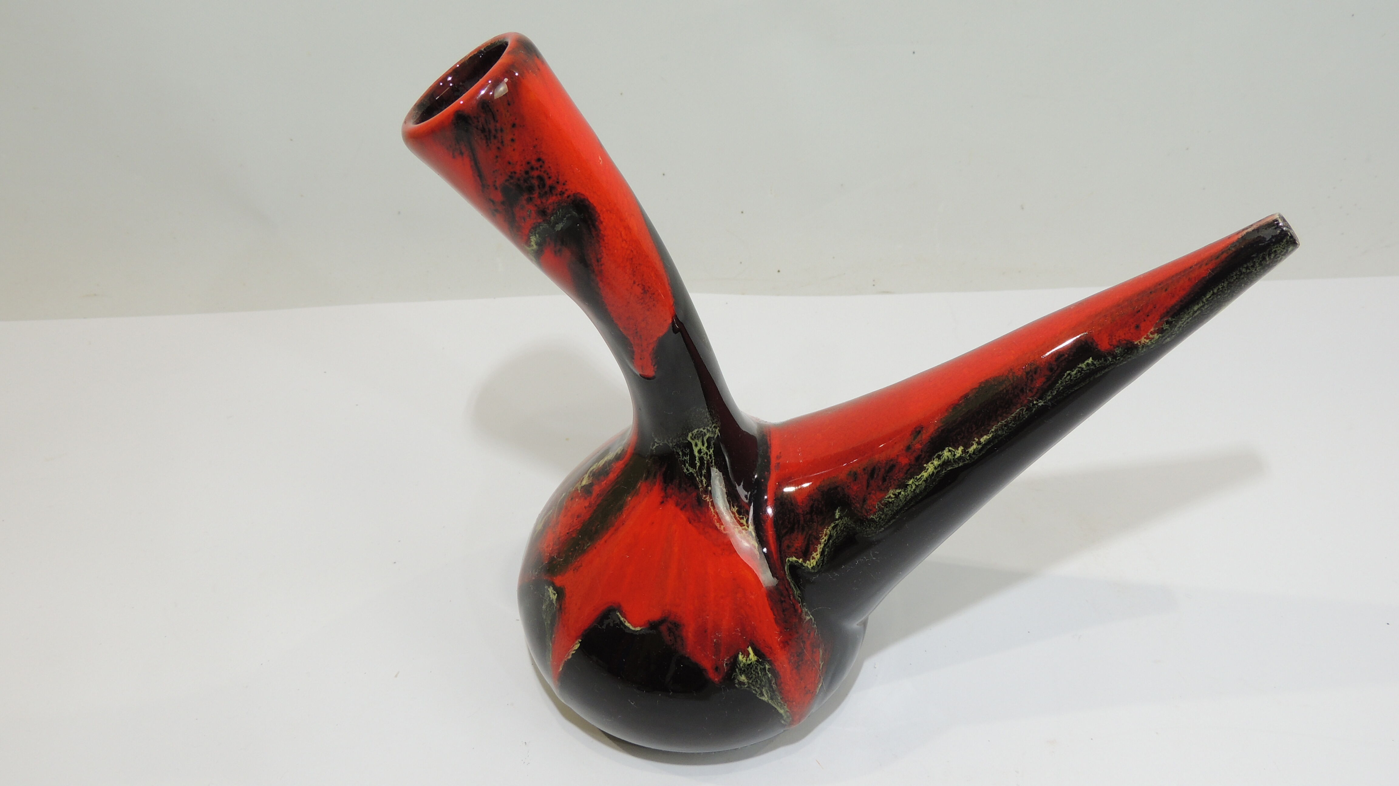 Glazed ceramic porron / Mid-century oil vase from Perpignan France black red and jau
