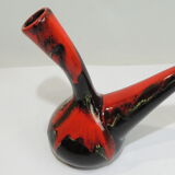 Glazed ceramic porron / Mid-century oil vase from Perpignan France black red and jau