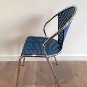 Set of 4 chrome chairs with perforated seats in blue lacquered metal