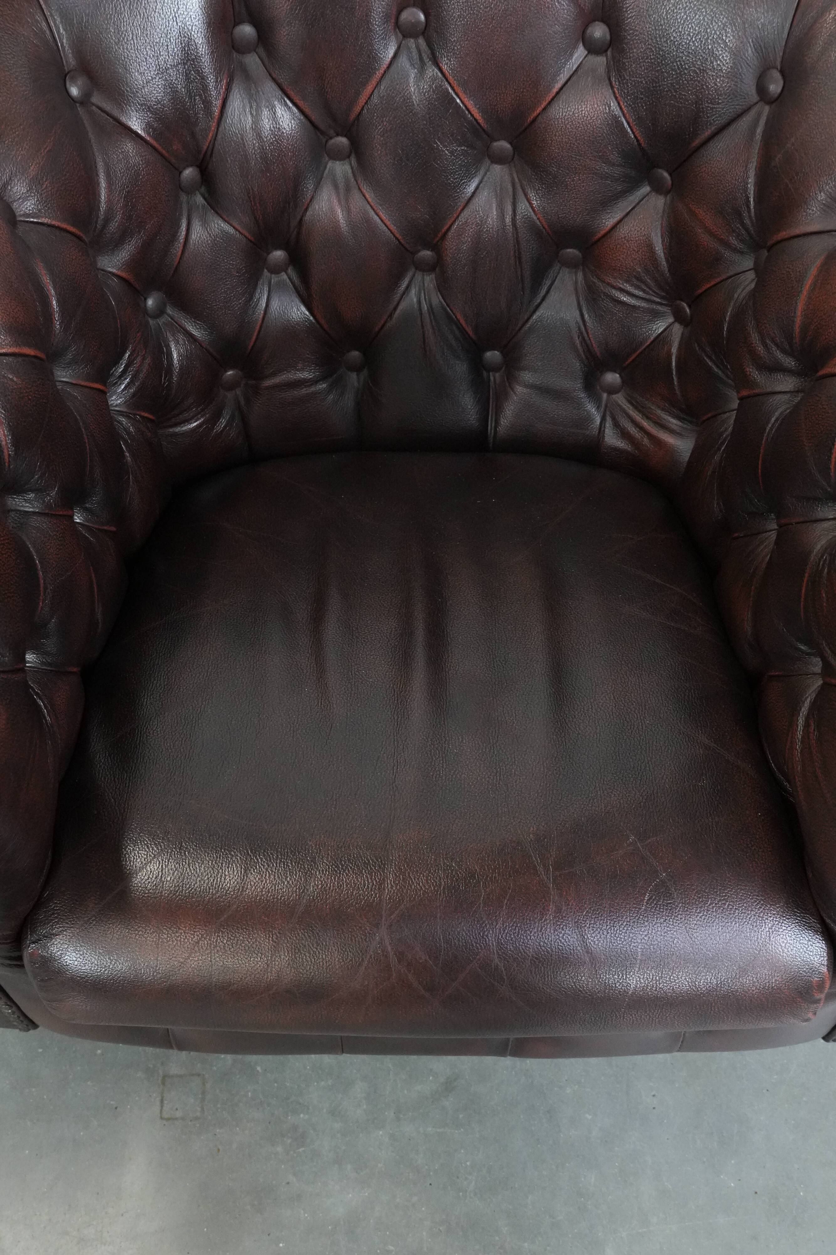 Set of three classic English-style Chesterfield cowhide  club armchairs