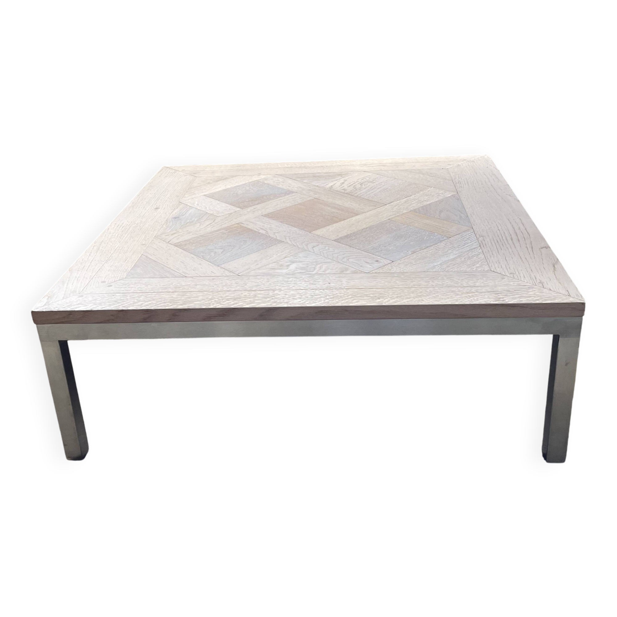 Table basse carrée – Parquet de chêne motif Versailles – Piétement inox