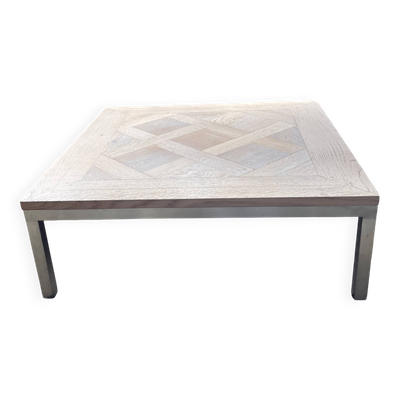 Table basse carrée – Parquet de chêne motif Versailles – Piétement inox