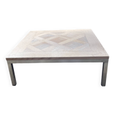 Table basse carrée – Parquet de chêne motif Versailles – Piétement inox