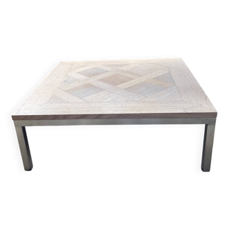 Square coffee table – Oak parquet Versailles pattern – Stainless steel base
