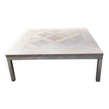 Table basse carrée – Parquet de chêne motif Versailles – Piétement inox