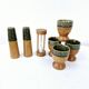 Set of 4 egg cups, salt shakers, pepper shakers and vintage wood and ceramic timer