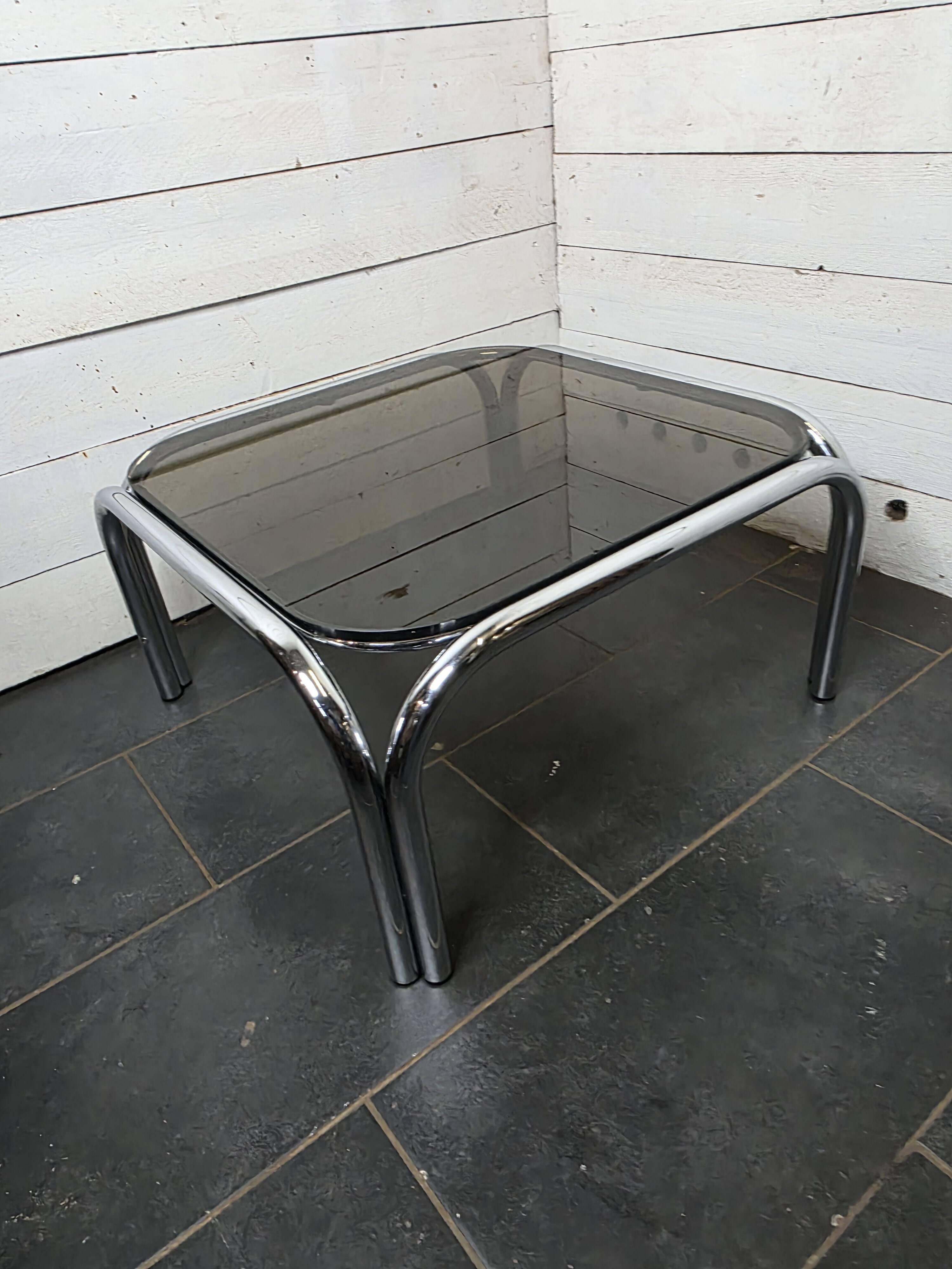 Chrome metal coffee table with smoked glass top from the 70s