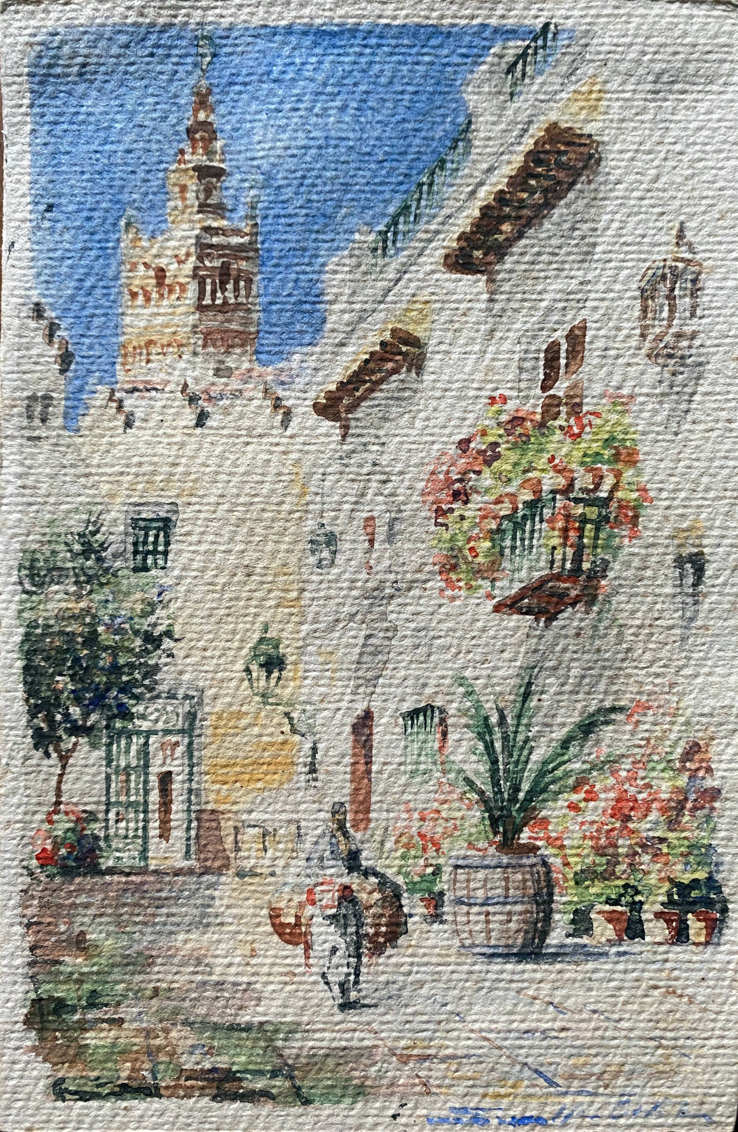 Watercolor Painting "Orientalist landscape" lively alley and mosque