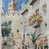 Watercolor Painting "Orientalist landscape" lively alley and mosque