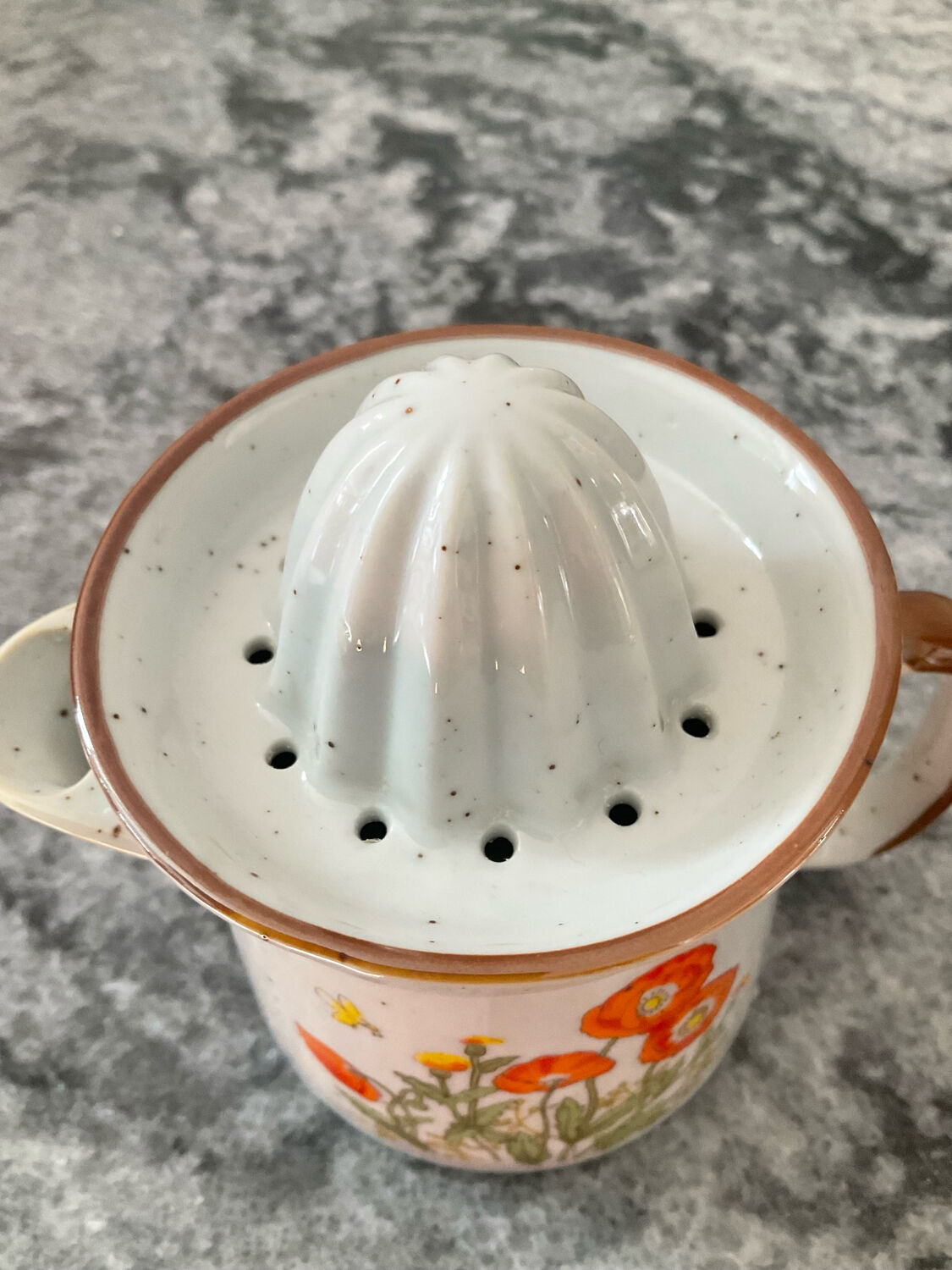 Vintage stoneware jug and its citrus juicer.