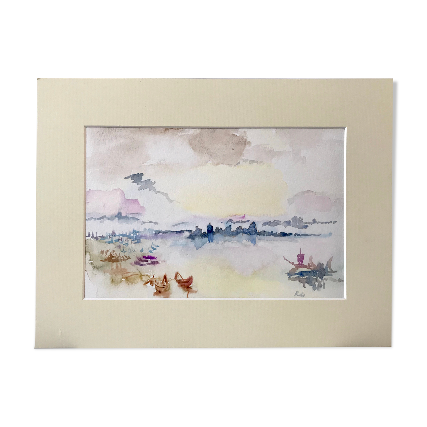 Watercolor sunset sea signed Roseline Lombard
