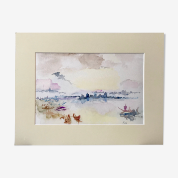 Aquarelle coucher de soleil mer signé Roseline Lombard