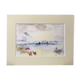 Watercolor sunset sea signed Roseline Lombard