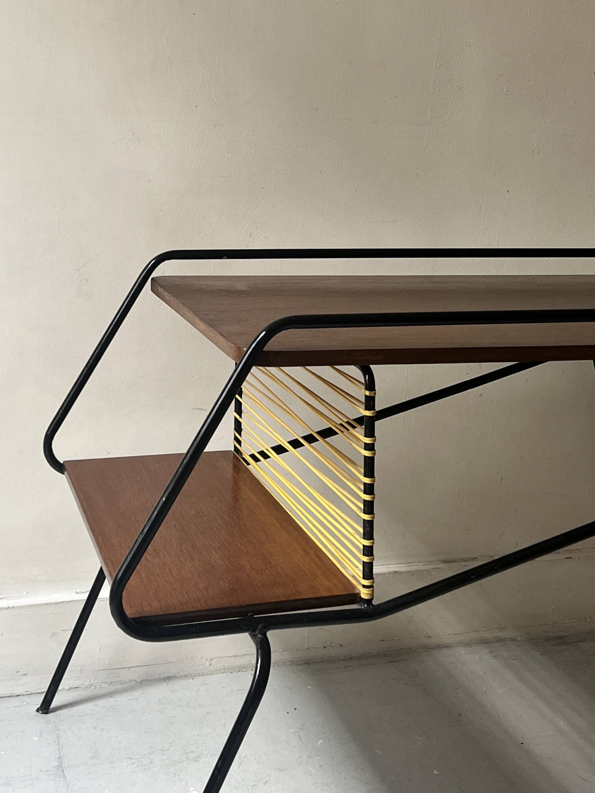 Modernist TV/Hifi table in wood & metal by J. Hitier, French design 1950.