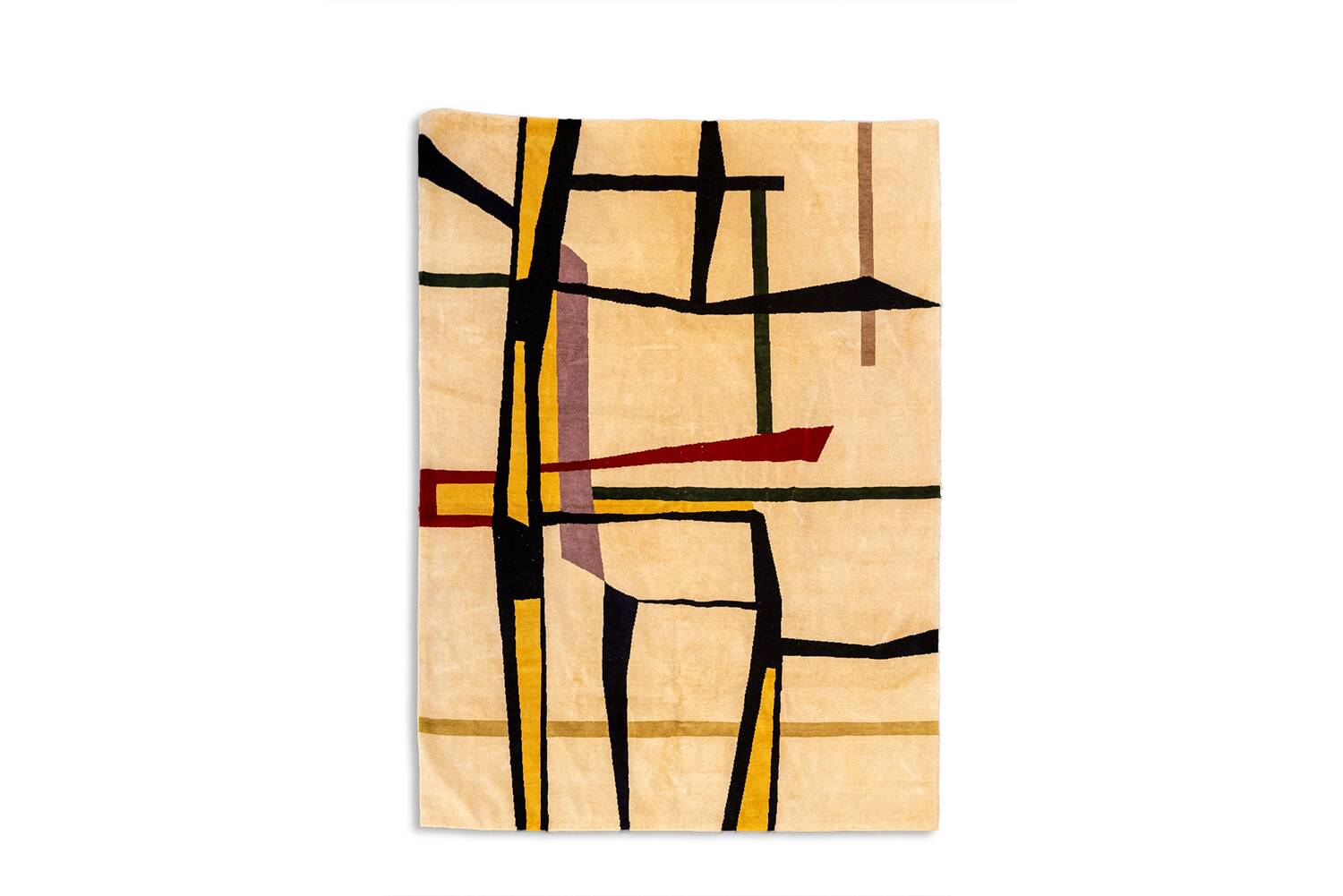 Handwoven wool tapestry with colourful geometric design. 2026.