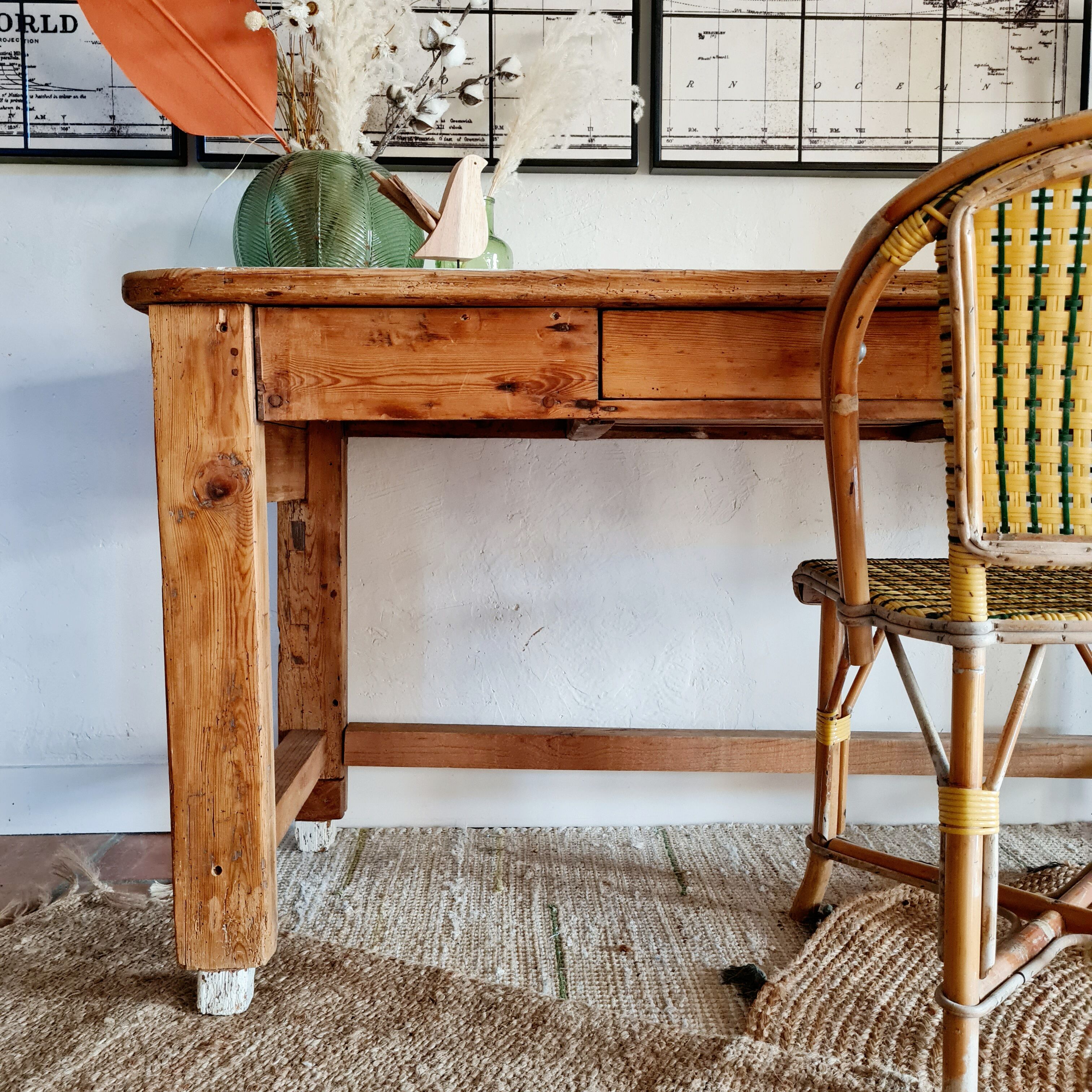 Table d'atelier bureau de métier en bois 1 tiroir plateau blanc