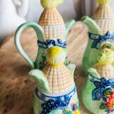 Vintage ceramic condiment set, barbotine: Salt, pepper, sugar, oil and vinegar