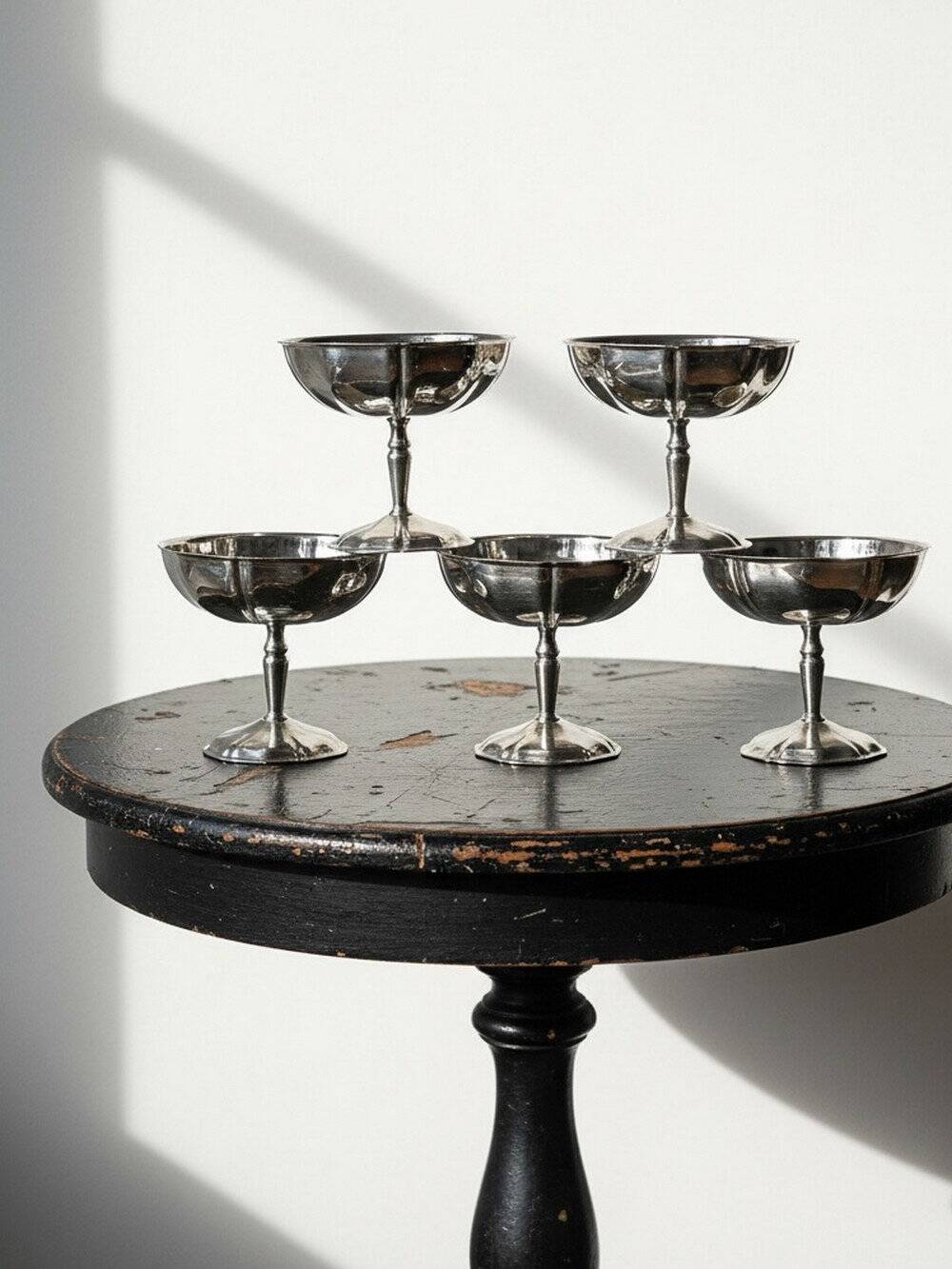 5 vintage bistro-style stainless steel dessert bowls on stands