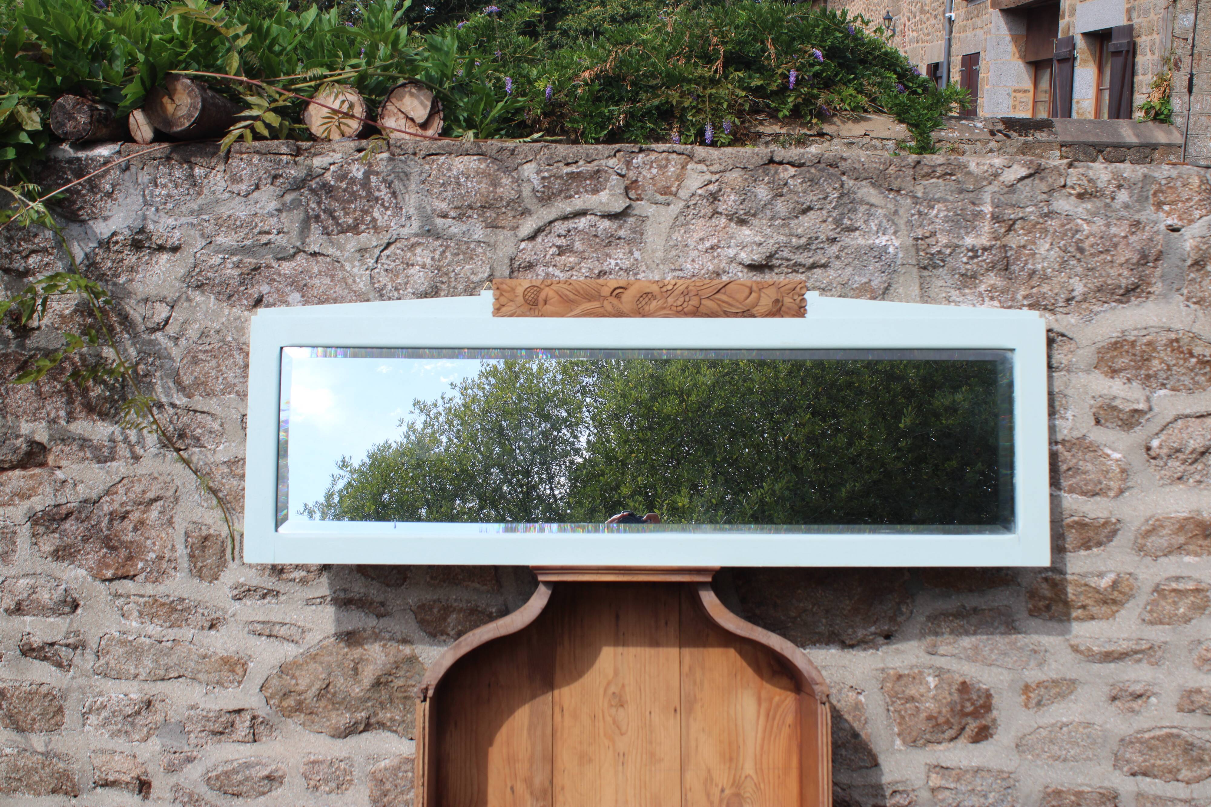 Miroir Art déco daté 1928 en bois massif – glace biseautée – 128 cm