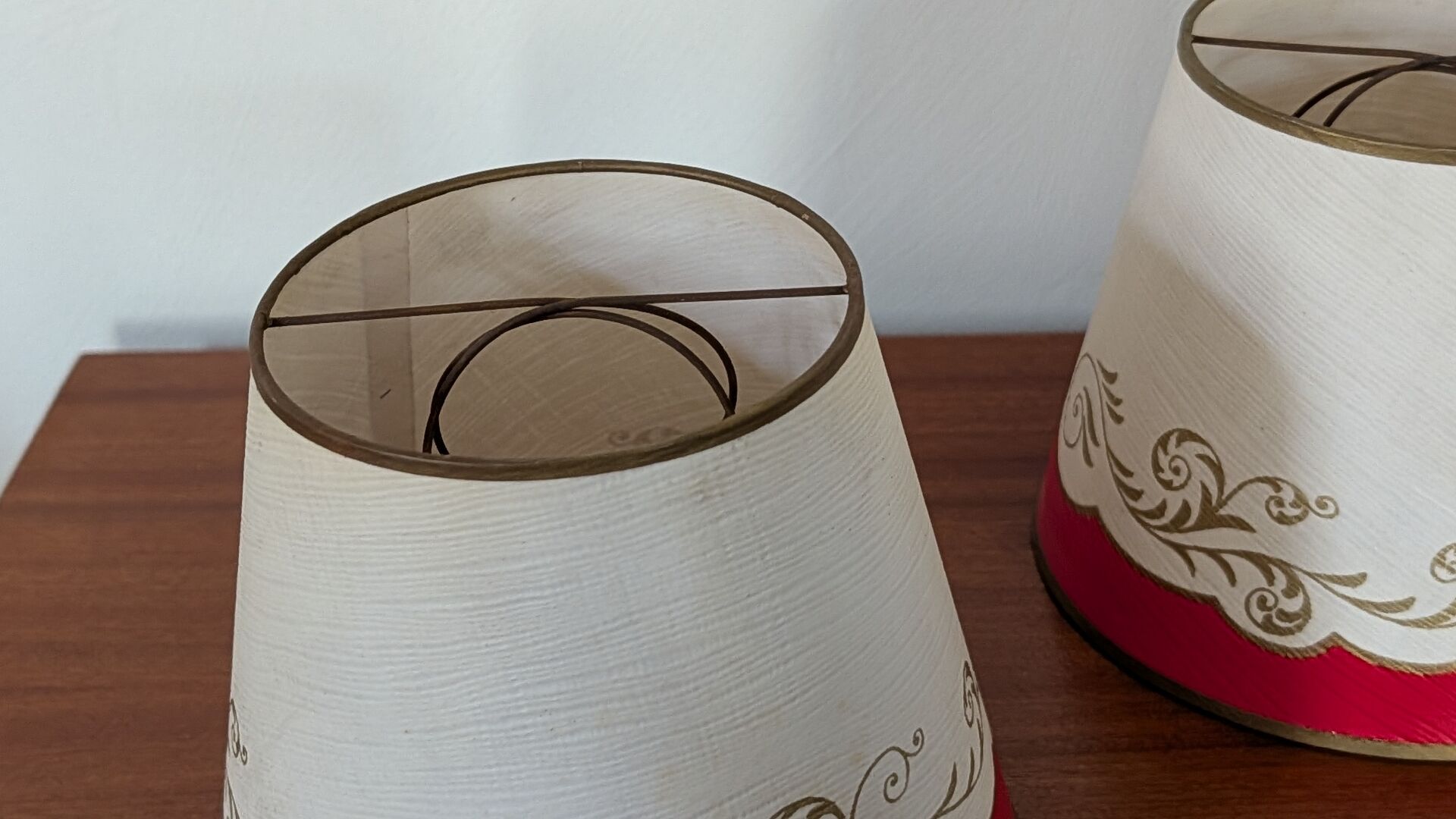 Pair of red and gold parchment lampshades
