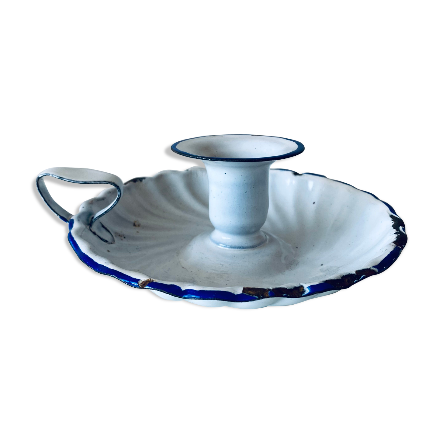 Antique candle holder in white and blue enamelled metal