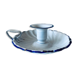 Antique candle holder in white and blue enamelled metal