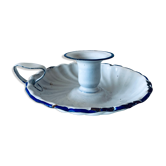 Antique candle holder in white and blue enamelled metal