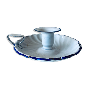 Antique candle holder in white and blue enamelled metal