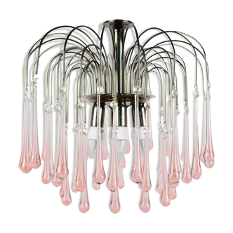 Large Mid Century 70s waterfall chandelier. Pink Murano glass drops. Paolo Venini style.