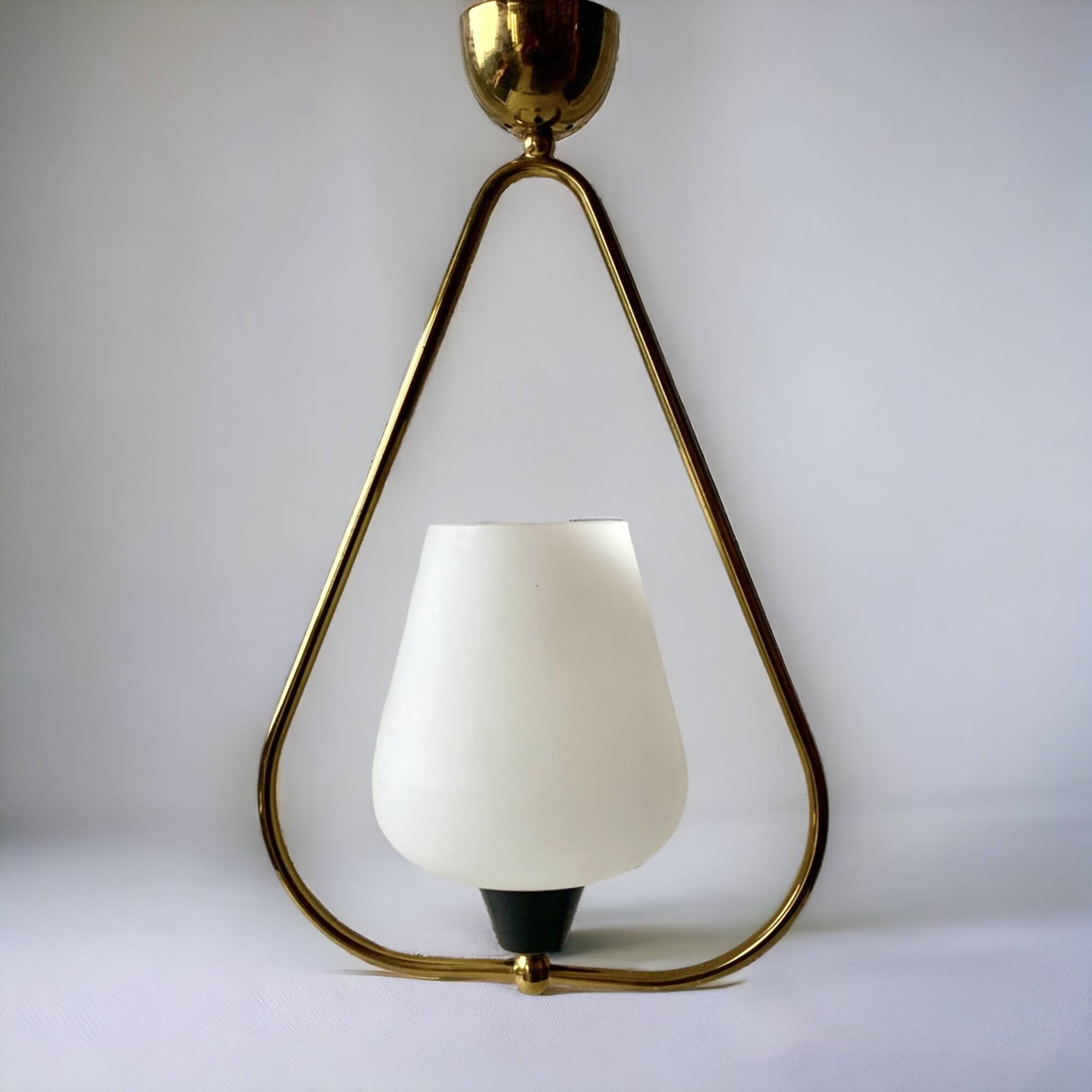 Modernist pendant light in white sandblasted glass and brass