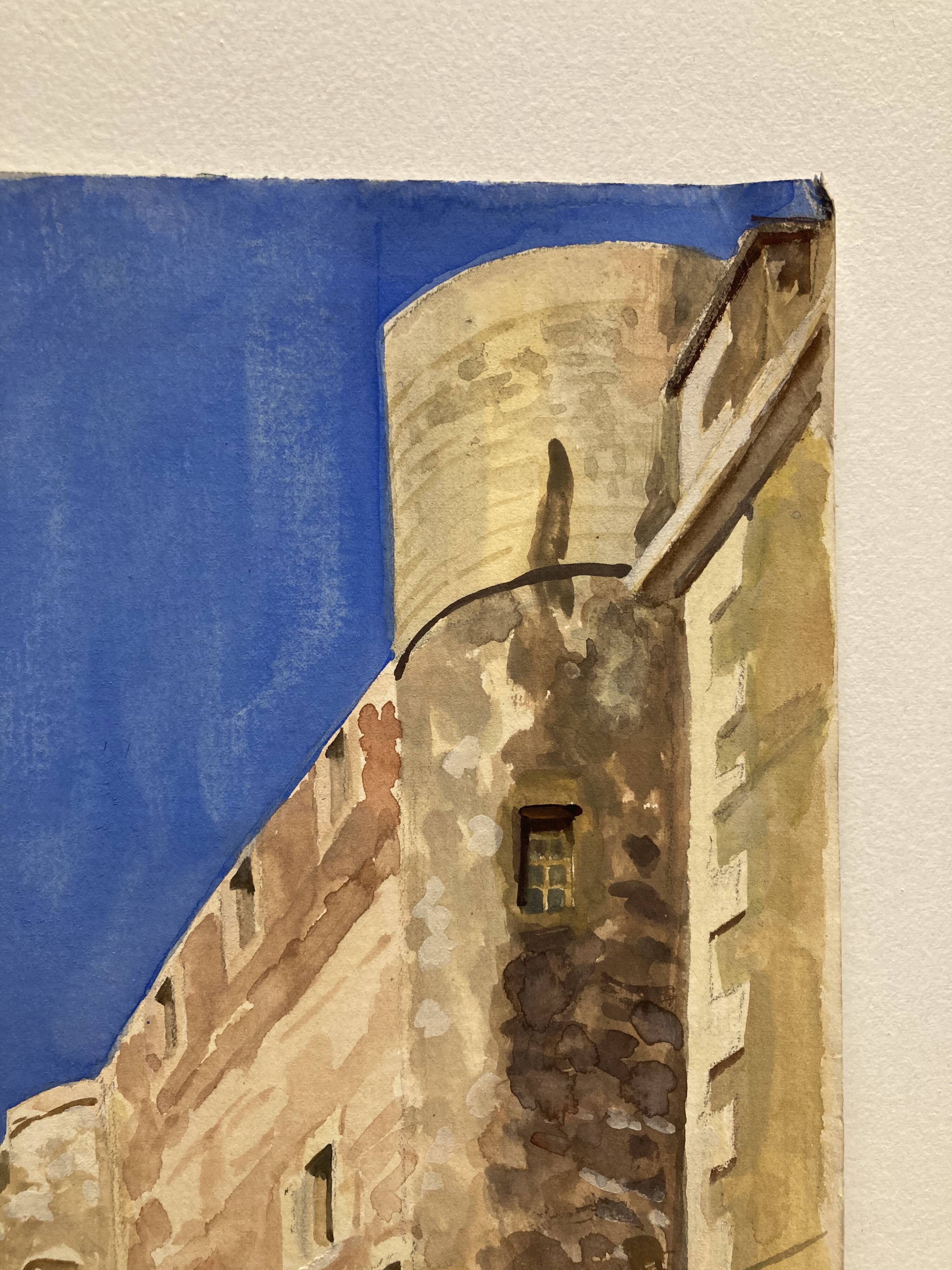 Watercolor Provencal landscape with fortified ramparts
