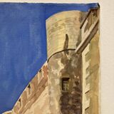 Watercolor Provencal landscape with fortified ramparts