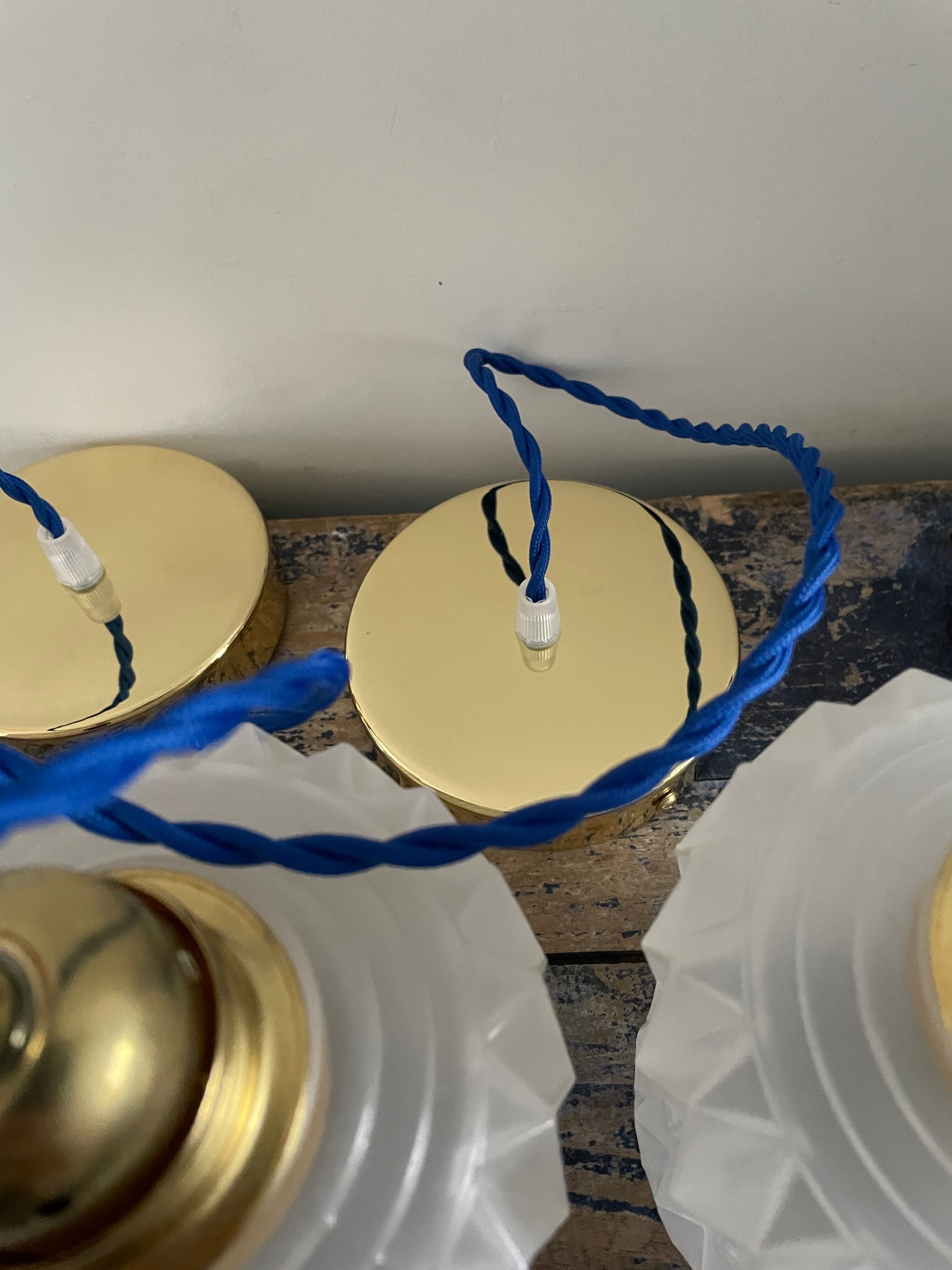 Set of three vintage electrified white glass pendant lamps with new