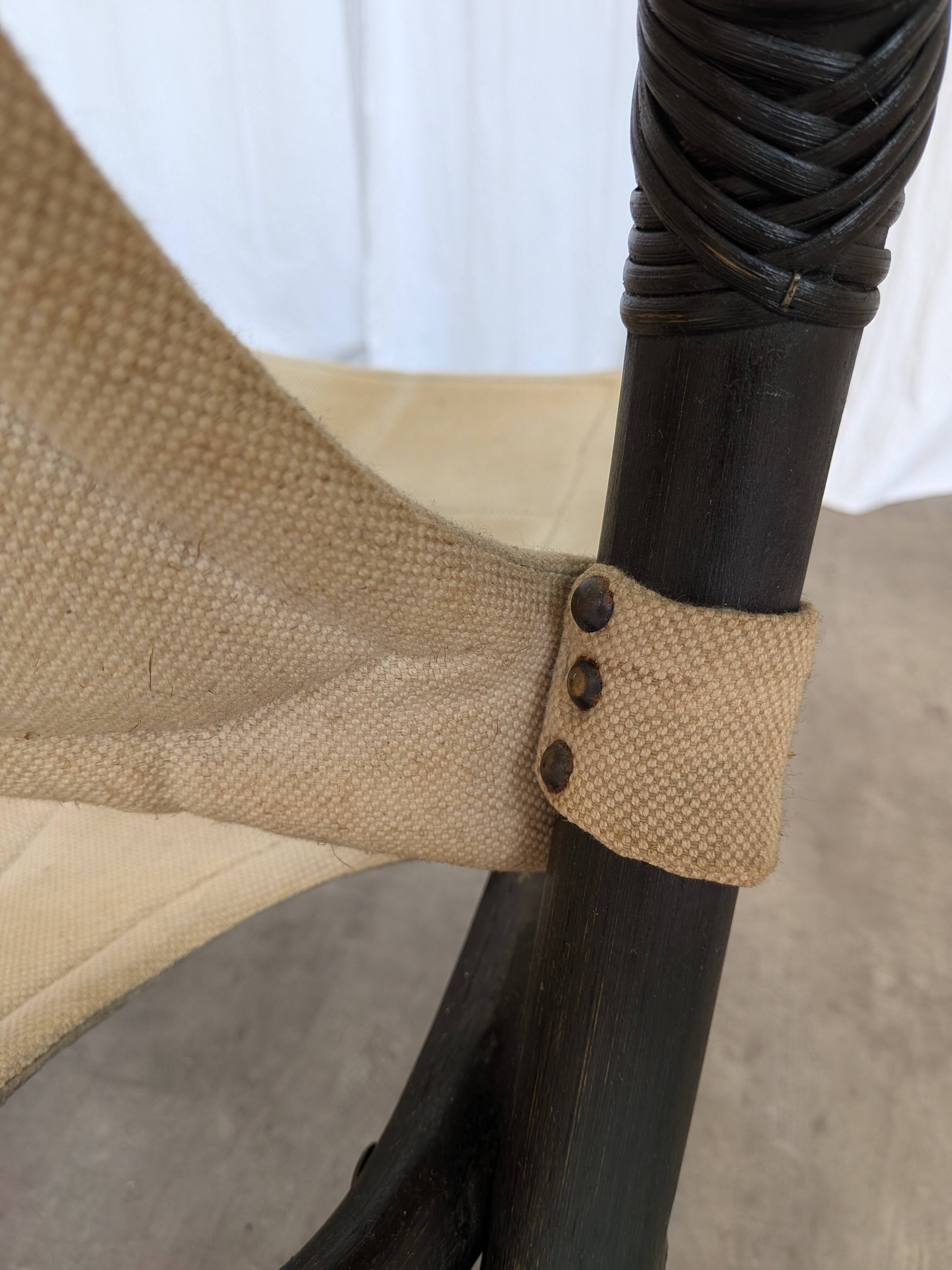2 Vintage Espri Safari Lounge Armchairs / Rare Mid-century Black Bamboo and Beige Fabric Easy C