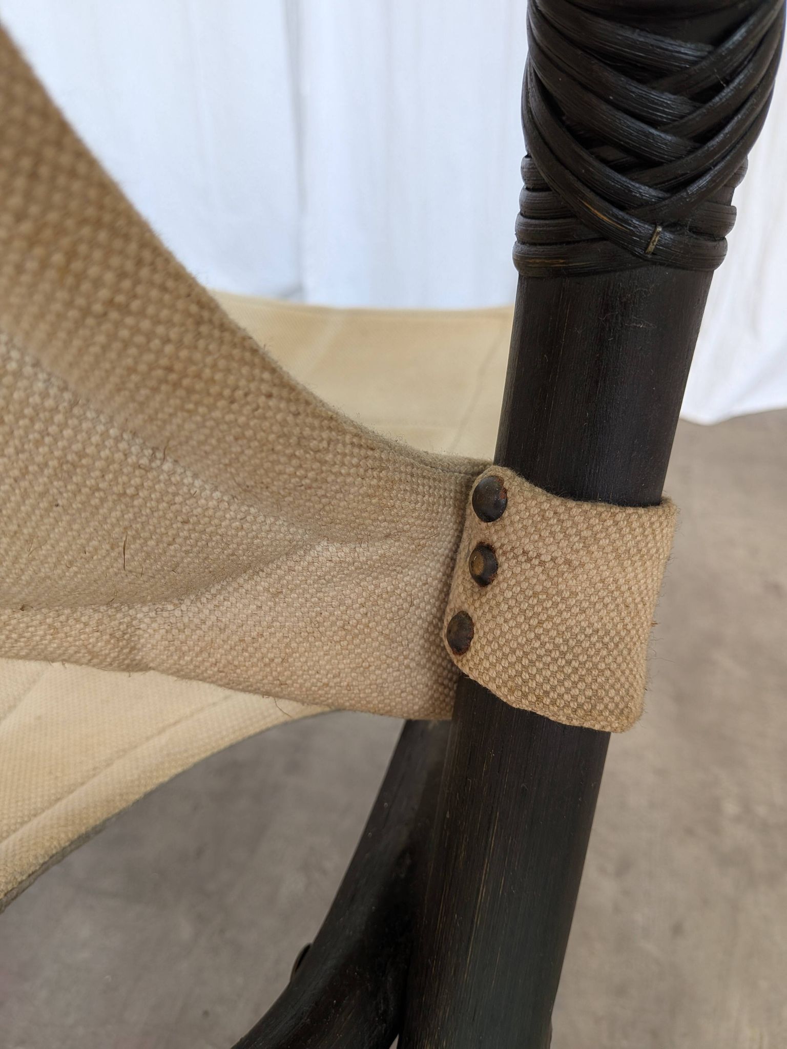 2 Vintage Espri Safari Lounge Armchairs / Rare Mid-century Black Bamboo and Beige Fabric Easy C