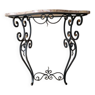 Beautiful console - Wrought iron base with green and gold patina, veined marble top - 1940