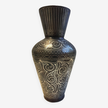 Ancien Vase en Acier Damasquiné d'Argent Style Indo-Persan Travail Marocain