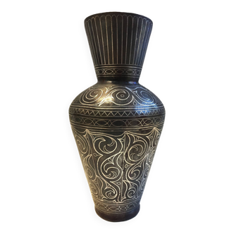 Ancien Vase en Acier Damasquiné d'Argent Style Indo-Persan Travail Marocain