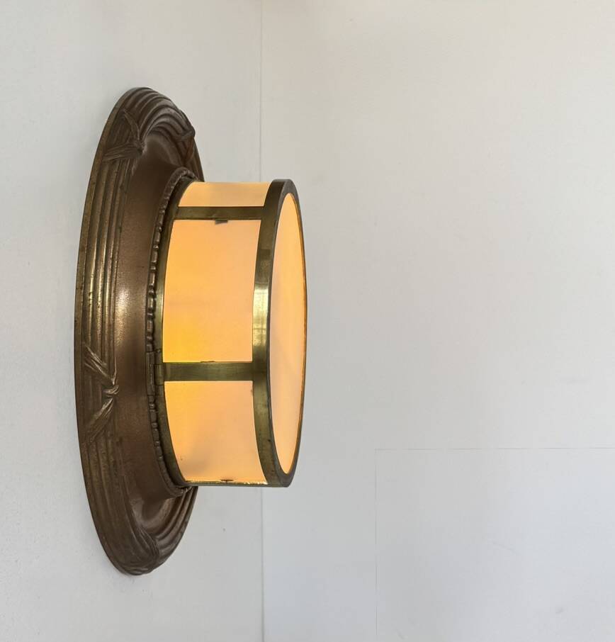 Vintage XL wall light, brass, copper and frosted glass, France, 1930.